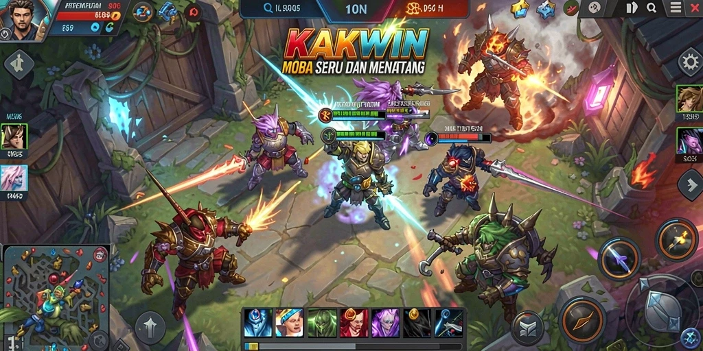 Tangkapan layar KAKWIN menampilkan pertarungan seru antar hero MOBA.