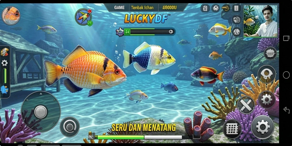 Screenshot dari gameplay LUCKYDF yang menunjukkan aksi menembak ikan.