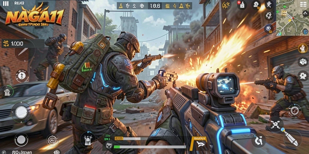 Tampilan gameplay seru NAGA11 dengan aksi menegangkan dan senjata canggih.
