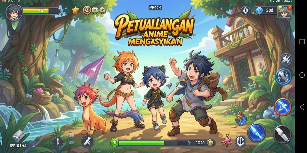 Screenshot gameplay PP444 menampilkan pertarungan seru antara karakter Anime.