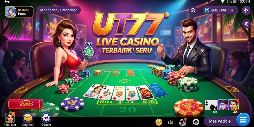 Screenshot UT77 menampilkan dealer langsung dalam permainan Live Casino yang mendebarkan.