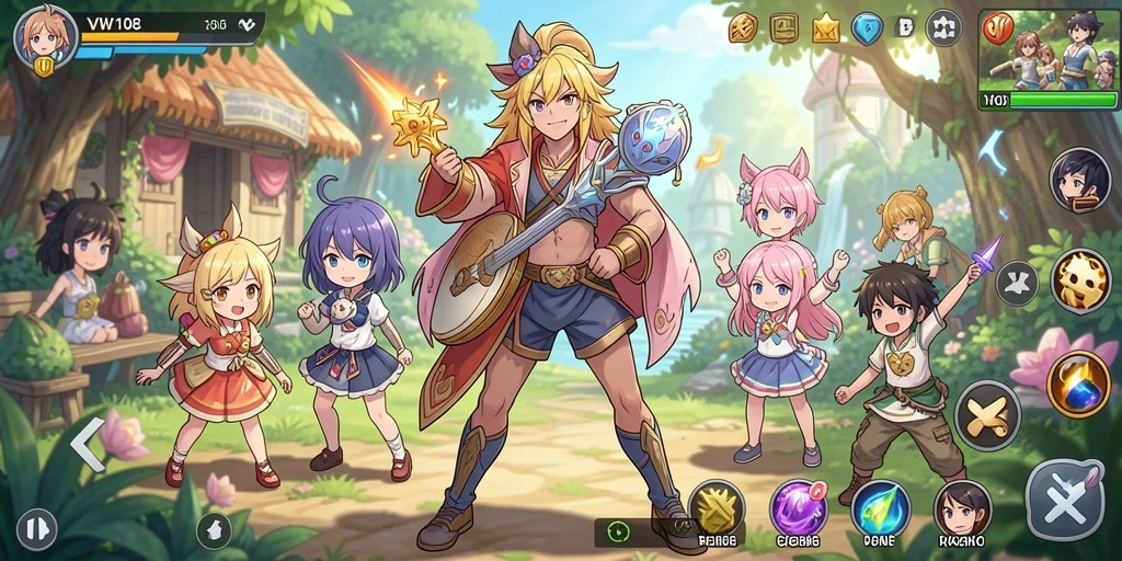 Gameplay VW108 menampilkan karakter anime yang dinamis dan petualangan seru.
